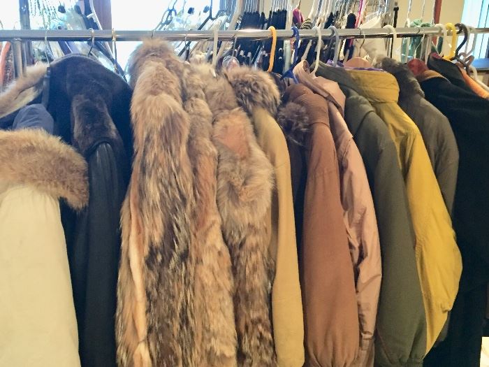 4 fur coats, leather coats w fur trim , more leather coats