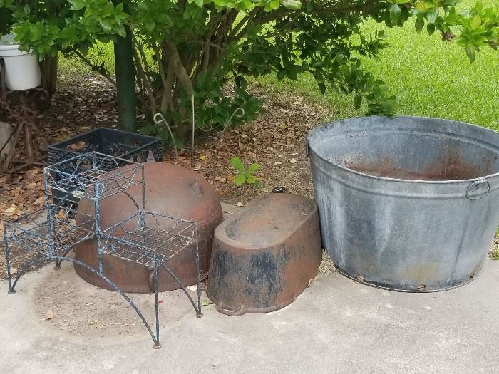 Cast Iron Cauldron & Large Galvanized outdoor tubs, etc...