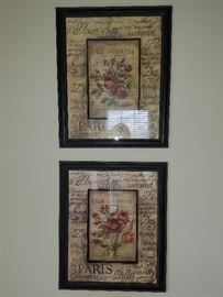Pair of French style rose prints in black frames.  19" x 23" each.