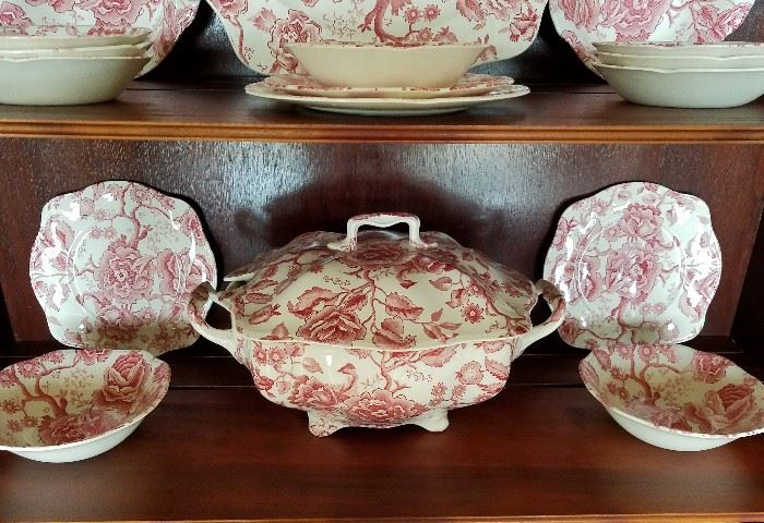  10" tureen, salad plates, fruit bowls.  Vintage transferware by Johnson Bros., England, Chippendale pattern.