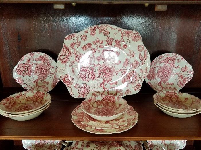  12" platter, 2 tureens, soup/cereal bowls, fruit bowls.  Vintage transferware by Johnson Bros., England, Chippendale pattern.