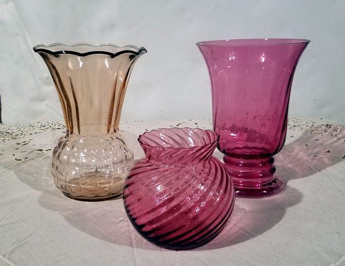 Cranberry and pink glass vases