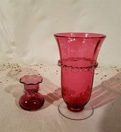 Vintage, hand made art glass vases, cranberry red with clear.