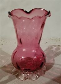 Vintage, hand made, rose color vase with clear applied feet.