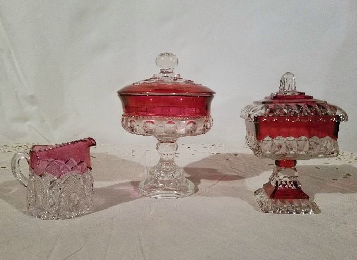 Vintage ruby flashed creamer, Indiana Glass King's Crown covered candy dish and square red flashed covered candy dish.