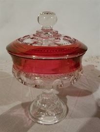 Indiana Glass, King's Crown round covered candy dish, dark ruby flashed.