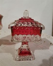  Indiana Glass, square, red and clear covered candy dish.