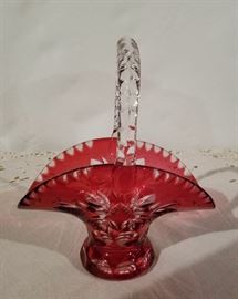Vintage Czech glass basket, ruby red cut to clear, approx. 9" tall.