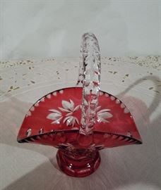 Vintage Czech glass basket, ruby red cut to clear, approx. 9" tall.