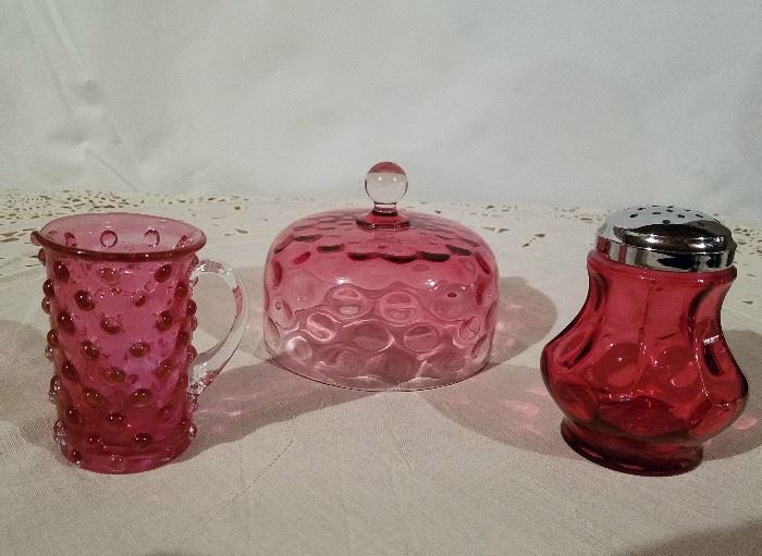 Vintage rose hobnail creamer, rose cheese dome, red cheese shaker