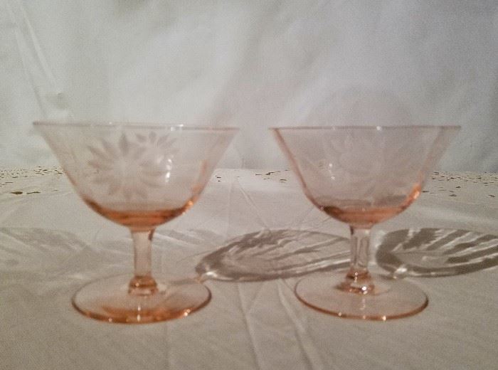 Pink Depression glass dessert/ice cream dishes, paneled and etched.
