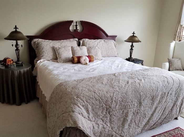King size bedding:  Reversible comforter, tan damask, corded detail, has matching king pillow shams, 3 throw pillows and bed skirt.