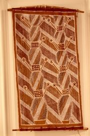 Australian aboriginal bark painting - bush potato totem done in Northern Territory with emu feather...