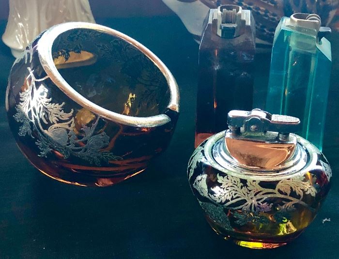 MCM orb ashtray and matching lighter - in amber.