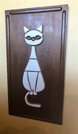 MCM ceramic cat on wood wall decor