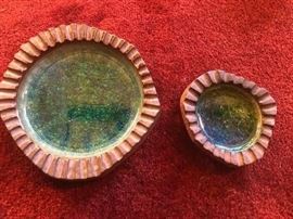 Wicked cool kitch ashtrays mid century modern pottery by the Venice Ca artist, Robert Maxwell. Features Blenko crackle glass in greens and blues.