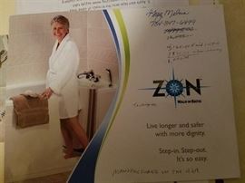 This is the advertising for the Zon walk-in tub available at the sale.  This unit retailed for $8,000.00!! -- and the receipt proves it.  This is a great buy for the person that could use this to add safety and dignity to the bathing process.  It's tough growing old sometimes, but this item makes it easier!