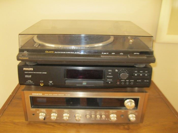 Technics Phonograph, Philips CD Player, and an Onkyo Receiver