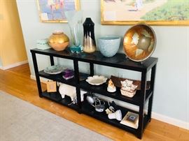 Shelf and signed pottery and art glass
