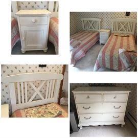 Cottage White Bedroom set Bureau, Nightstand Twin Beds