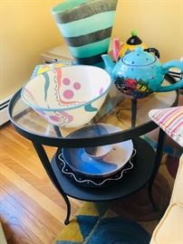 Signed art glass and round iron table