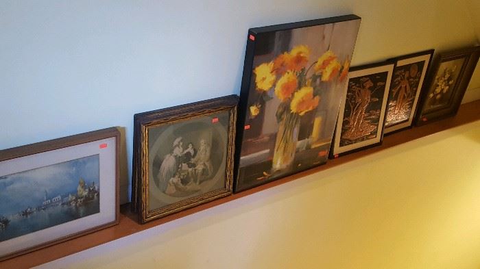 Copper art of Asian man and woman, oil paintings and 2 prints signed Moran 1912.