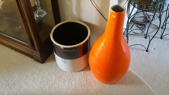 Large orange pottery vase and 4 gallon crock.  Large orange pottery vase has sold.