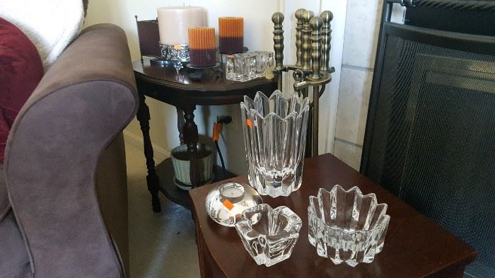 Orrefors crystal and candles and mahogany side table.