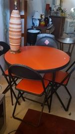 Vintage lamp and metal card table and chairs.