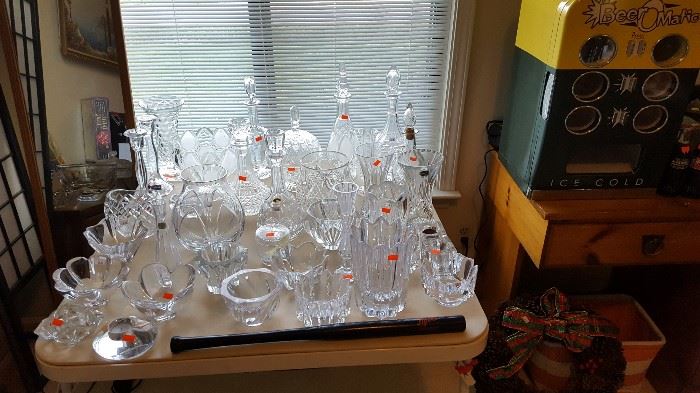 Various crystal items...decanters...bowls...vases...votive holders...covered bowls...Orrefors, Waterford, Atlantis.  Beer O Matic bar top fridge.