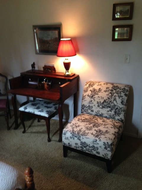 toile chair, small desk and chair, queen Ann styled bench