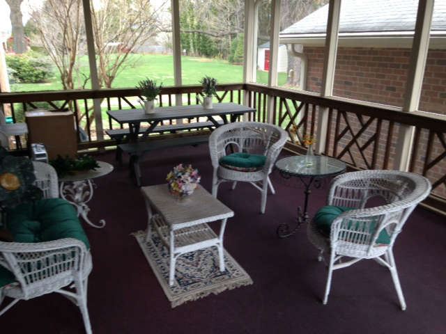 wicker porch furniture, wood picnic  & 2 benches 