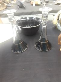 1920's -30's Black Amethyst Bowl and Candlesticks 