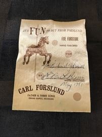 Carl Forslund label on chair