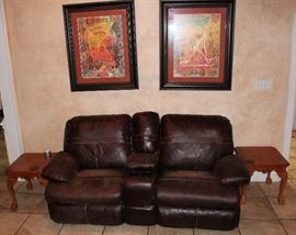 Leather love seat, side tables
