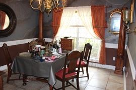 Oak refractory table and chiars, wooden solumns