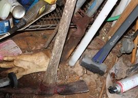 Ax, pick ax, post hole digger, sledge hammer