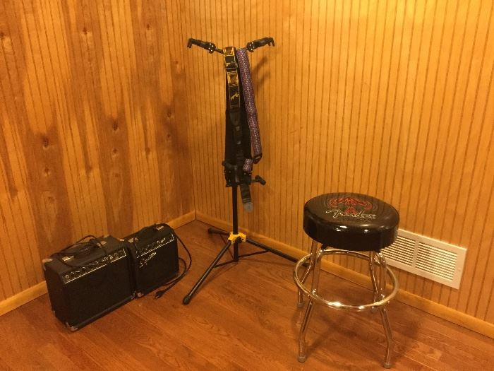 Amps, stool, stands, straps