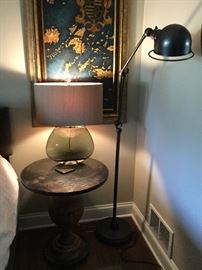 End table , pair of table lamps, floor lamp and artwork 