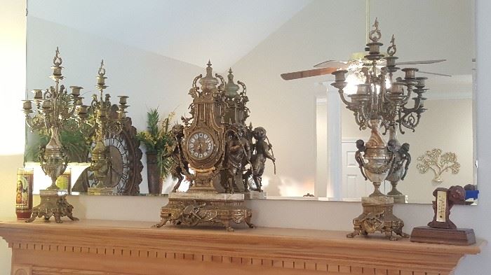 Italian Imperial Brass Mantel Clock w/ Matching Marble Candelabras Set