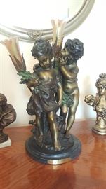 Secret by Auguste Mathurin Moreau (1834-1917) American, 20th Century piece. Patina bronze sculpture on marble base, lamp with favrile glass style shades. Signed. 
