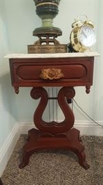 Pair of Mahogany Carved Lyre Base Marble Top End Tables / Side Tables