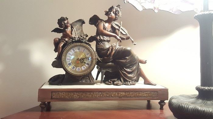 L & F Moreau French Quartz Movement Spelter Figural Clock