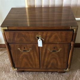 Vintage Mid Century Modern Drexel Accolade Campaign Night Stand. 24 1/2" W x 16 1/2" D x 24" H.