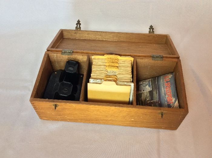 Vintage Sawyers View-Master Stereoscopic Pictures in Vintage Wooden Case with approximately 70 reels.