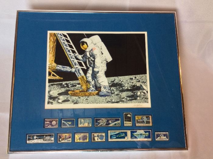 The Conquest of Space Commemorative Lithograph by Paul Calle, Signed, Limited Edition with United State Postal Service issued space stamps to commemorate the 10th anniversary of man's first step on the moon.