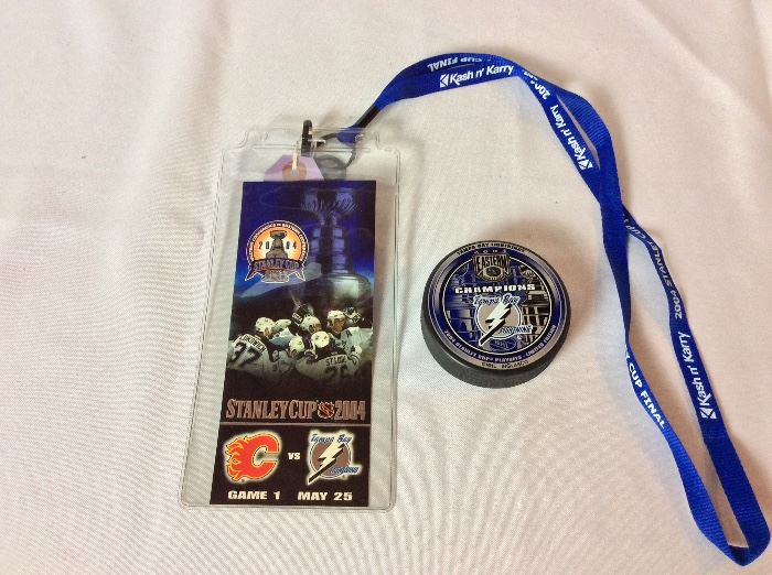 Stanley Cup Ticket and Lanyard and Tampa Bay Lightning Hockey Puck. 