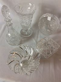 Crystal Décanter, Vases, and Candy Dishes. 