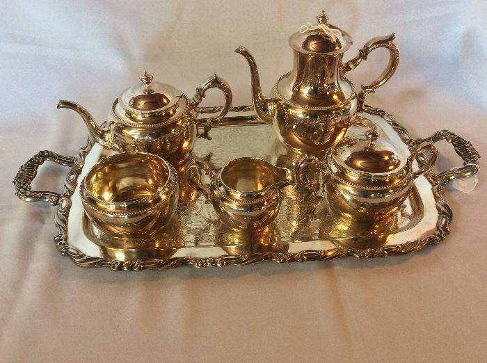 Sterling Silver Tea Set with Silver-plate Tray.