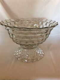 Depression Glass Punch Bowl with Base. Total Height is 12". Punch Bowl has an 18" diameter.